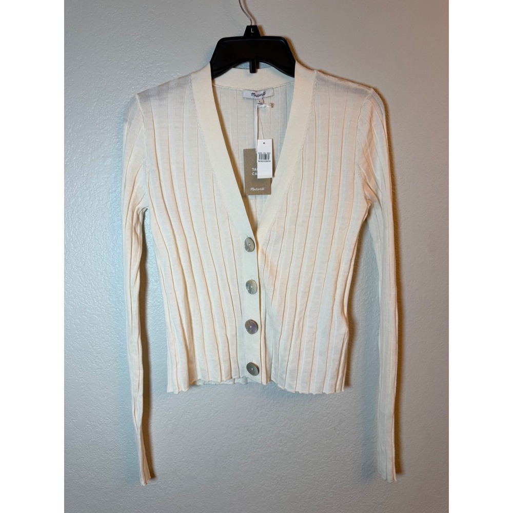 Madewell Merino Wool Silk Blend Ribbed Cardigan Sweater Cream Large NEW